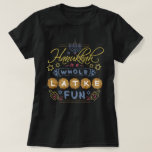 Hanukkah is een Whole Latke Fun Funny T-shirt<br><div class="desc">Dit T-shirt van Hanukkah kenmerkt de humoristische zin: "Hanukkah is een hele leuke pret." Het ontwerp omvat tekeningen van droesels,  een menorah,  de ster van David en nog veel meer versieringen. Het kleurenpalet is grijsblauw,  lichtrood,  goud en bruin.</div>