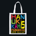 Hanukkah is Funukkah Boodschappentas<br><div class="desc">Chanoeka is Funukkah, een witte 2-zijdige tas. Alle ontwerpelementen kunnen worden bewerkt. Alle bewerkbare tekst kan worden verwijderd en vervangen door uw eigen bericht. Gebruik uw favoriete lettertype, kleur, grootte en stijl. Gelukkige Chanoeka/Chanoeka! Stijl: Herbruikbare Tas Ga groen en red de planeet met onze herbruikbare boodschappentas! Gemaakt met een lichtgewicht...</div>