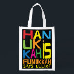 Hanukkah is Funukkah Boodschappentas<br><div class="desc">Chanoeka is Funukkah, een witte 2-zijdige tas. Alle ontwerpelementen kunnen worden bewerkt. Alle bewerkbare tekst kan worden verwijderd en vervangen door uw eigen bericht. Gebruik uw favoriete lettertype, kleur, grootte en stijl. Gelukkige Chanoeka/Chanoeka! Stijl: Herbruikbare Tas Ga groen en red de planeet met onze herbruikbare boodschappentas! Gemaakt met een lichtgewicht...</div>