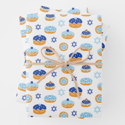 Hanukkah Jelly Donut Star of David Wrapping Paper (In situ)