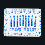 Hanukkah Jewish Holiday Hanukkiah Decoratief Magneet<br><div class="desc">Happy Hanukkah Party Jewish Holiday Blue Menorah Magnet Wenskaart. Jewish Holiday Chanukkah Decoratie met traditioneel Chanoekanesymbool: Navy Blue color hanukkiah menorah, kandlestik met kaarsen, ster van David en neon blue ggloed illusie. Hanukkah Festival of light Event Decoration. Jeruzalem, Israël. Home > Keuken & Mijnbouw > KeukenAccessoires > Koelkmagneten Hanukkah Holiday....</div>