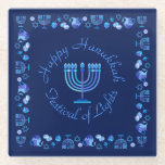 Hanukkah Jewish Holiday Menorah  Mandala Glazen Onderzetter<br><div class="desc">Happy Hanukkah Party Jewish Holiday Blue Menorah patroon. Jewish Holiday Chanukkah Decoratie met traditioneel Chanoekanesymbool: Navy Blue color hanukkiah menorah, kandlestik met kaarsen, ster van David en neon blue ggloed illusie. Hanukkah Festival of light Event Decoration. Jeruzalem, Israël. Elektronica > Hoesjes voor tablets en laptops > Laptop Hoesjes > Laptop...</div>