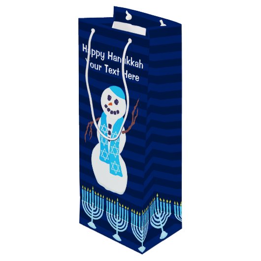 Hanukkah Jewish Snowman en Blue Menorah Tall Wijn Cadeautas (Achterkant Gekanteld)