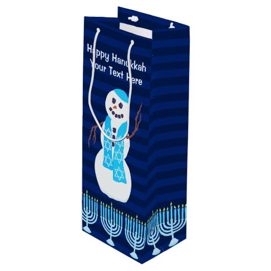 Hanukkah Jewish Snowman en Blue Menorah Tall Wijn Cadeautas (Voorkant Gekanteld)