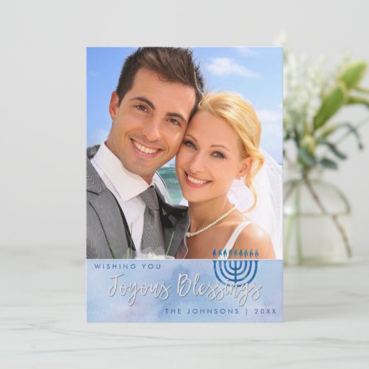 Hanukkah Joyous Blessings Blue Waterverf Feestdagenkaart (Staand voorkant)