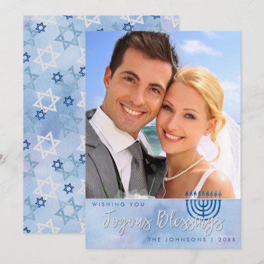 Hanukkah Joyous Blessings Blue Waterverf Feestdagenkaart (Voorkant / Achterkant)
