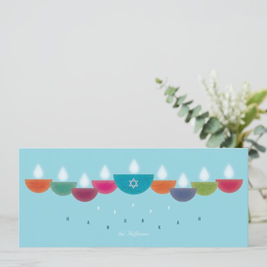 Hanukkah Kaart | Kleurrijke Olie Lamp Menora Hemel (Staand voorkant)