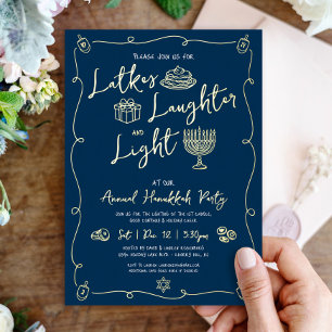 Hanukkah Latke Gelach Licht Doodles Echt Goud Folie Feestdagenkaart
