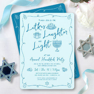 Hanukkah Latke Lachende Licht Teal Doodles Feest Kaart