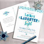 Hanukkah Latke Laughter Light Fun Modern Party Uitnodiging Briefkaart<br><div class="desc">"Latkes, lachen & licht." Dit jaar is het tijd om samen met je familie en vrienden Chanoeka te vieren. Leuke grillige handgemaakte typografie samen met Stars of David in stoffig blauw, turquoise en blauwgroen op een witte achtergrond helpen u het lichtfestival in te luiden. Ruimte voor uw persoonlijke boodschap en...</div>