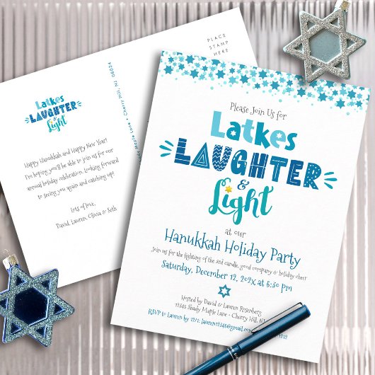 Hanukkah Latke Laughter Light Fun Modern Party Uitnodiging Briefkaart