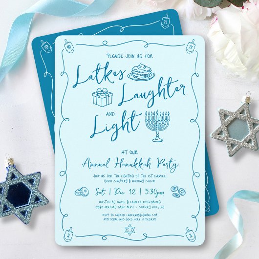 Hanukkah Latke Laughter Light Teal Doodles Party Kaart