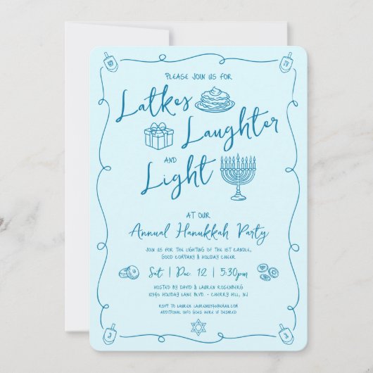 Hanukkah Latke Laughter Light Teal Doodles Party Kaart (Voorkant)