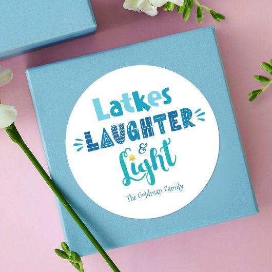 Hanukkah Latkes Laughter Light Modern Typografie Ronde Sticker