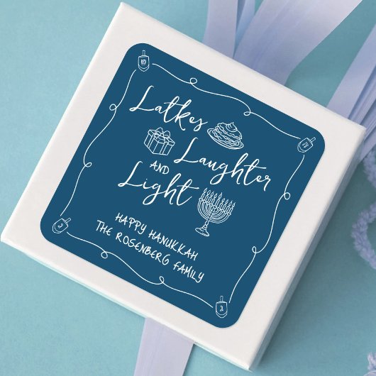 Hanukkah Latkes Laughter Light Navy Hand Drawn Fun Vierkante Sticker