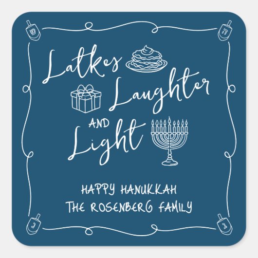 Hanukkah Latkes Laughter Light Navy Hand Drawn Fun Vierkante Sticker (Voorkant)