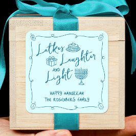 Hanukkah Latkes Laughter Light Teal Hand Drawn Fun Vierkante Sticker