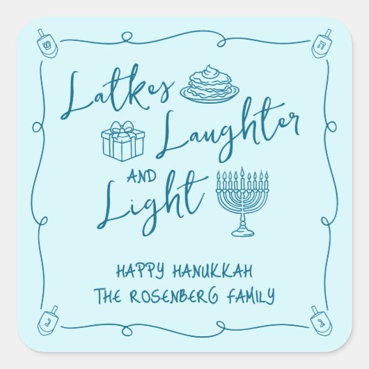 Hanukkah Latkes Laughter Light Teal Hand Drawn Fun Vierkante Sticker (Voorkant)