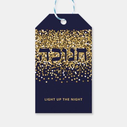 Hanukkah licht op de nachtelijke glitter van goud  cadeaulabel (Voorkant)