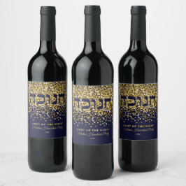 Hanukkah licht op de nachtelijke glitter van goud wijn etiket