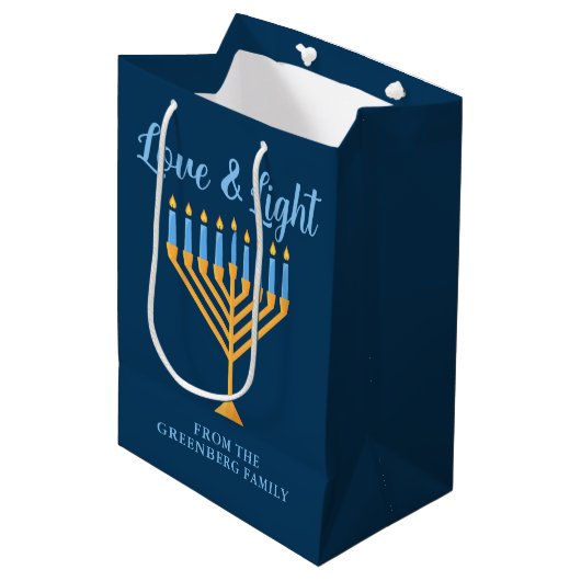 Hanukkah Liefde & Lichtblauw Goud Menorah Custom Medium Cadeauzakje (Voorkant Gekanteld)