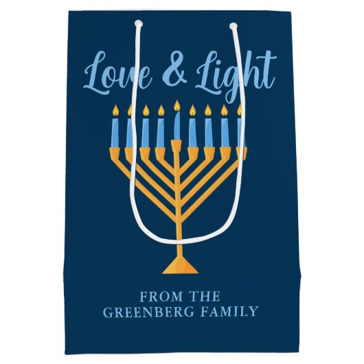 Hanukkah Liefde & Lichtblauw Goud Menorah Custom Medium Cadeauzakje (Achterkant)