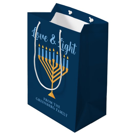 Hanukkah Liefde & Lichtblauw Goud Menorah Custom Medium Cadeauzakje (Achterkant Gekanteld)