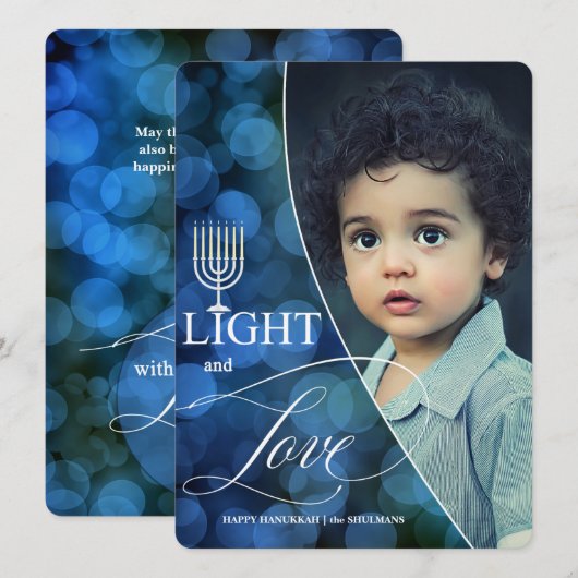 Hanukkah Light and Love with Name and Photo Feestdagenkaart (Voorkant / Achterkant)