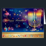 Hanukkah Lights Festival Holiday Menorah<br><div class="desc">Happy Hanukkah Beauful Jewish Holiday Festival of Lights Wenskaart. De joodse Holiday Hanukkah-achtergrond met traditionele Chanoekijsymbolen - gouden hanukkiah houten droesels (draaiende bovenkant), donuts, menorah, kaarsen, ster van David en bokeh-gloeilampen, spinkelende wandpapieren patronen. Hanoekah Festival Decoratie. Jeruzalem, Israël. Uitnodigingen en aardewerk > Wenskaarten > Vakantie- en seizoenskaartjes > Hanukkah-kaarten 2023:...</div>