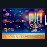 Hanukkah Lights Festival Holiday Menorah Kaart<br><div class="desc">Happy Hanukkah Beauful Jewish Holiday Festival of Lights Wenskaart. De joodse Holiday Hanukkah-achtergrond met traditionele Chanoekijsymbolen - houten droesels (draaiende bovenkant),  donuts,  menorah,  kaarsen,  ster van David en bokeh-gloeilampen,  spinkelt het behang. Hanoekah Festival Decoratie. Jeruzalem,  Israël. Uitnodigingen en aardewerk,  Wenskaarten,  feestdag en seizoenswerk,  Hanukkah 2023</div>