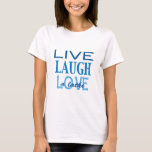 Hanukkah "Live Laugh Love a Latke" Blue T-Shirt<br><div class="desc">Hanukkah "Live Laugh Love a Latke" Blue T-ShirtChoose van meer dan 155 shirt stijlen en formaten voor dit ontwerp. Dit basic T-shirt heeft een relaxte pasvorm voor het vrouwelijke figuur. Gemaakt van 100% katoen, dit T-shirt is zowel duurzaam en zacht - een geweldige combinatie als je op zoek bent naar...</div>