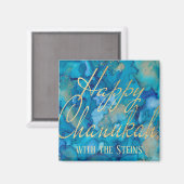 Hanukkah Magnet Square Happy Chanukah Gold/Blues (Voorkant / Achterkant)