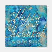Hanukkah Magnet Square Happy Chanukah Gold/Blues (Voorkant)