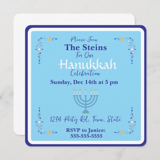 Hanukkah Menorah Blauwe Uitnodiging (Voorkant / Achterkant)