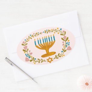 HANUKKAH Menorah bloemenkrans Joodse feestdag Ovale Sticker