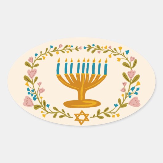HANUKKAH Menorah bloemenkrans Joodse feestdag Ovale Sticker (Voorkant)
