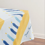Hanukkah Menorah Blue en Gold Tafelkleed<br><div class="desc">Viel de geest van Hanukkah. Dit ontwerp is voorzien van een gouden en blauwe menorah op een lichtblauwe achtergrond. De tablecloth zelf heeft ruimte om jouw naam in de hoek te schrijven. Bestel er vandaag nog een!
Clipart met dank aan Sonya DeHart Design op:
http://www.sonyadehartdesign.com |http://www.sonyadehartdesign.etsy.com</div>