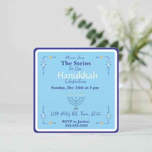 Hanukkah Menorah Blue Invitation Kaart (Staand voorkant)