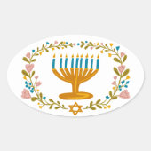 HANUKKAH Menorah floral wreath Jewish Holiday  Ovale Sticker (Voorkant)