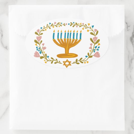 HANUKKAH Menorah floral wreath Jewish Holiday  Ovale Sticker (Tas)