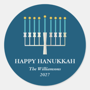 Hanukkah Menorah in Blauw Gepersonaliseerd Ronde Sticker