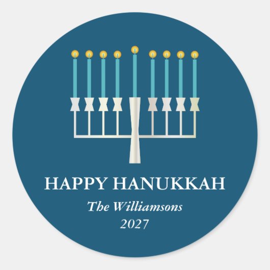 Hanukkah Menorah in Blauw Gepersonaliseerd Ronde Sticker (Voorkant)