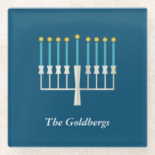 Hanukkah Menorah in Blue Custom Name Glazen Onderzetter