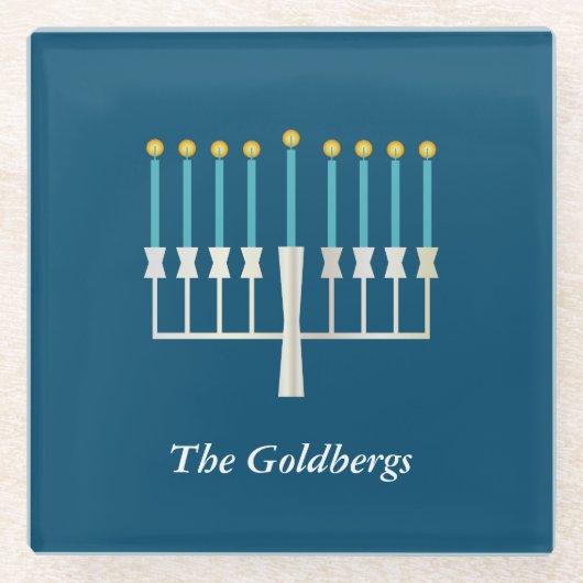 Hanukkah Menorah in Blue Custom Name Glazen Onderzetter (Voorkant)