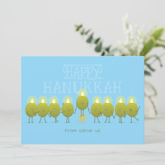 Hanukkah Menorah Olives | Baby Blue Company Logo Feestdagenkaart (Staand voorkant)