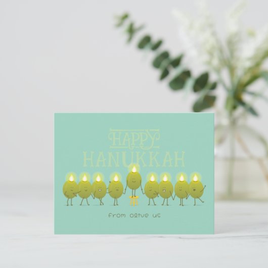 Hanukkah Menorah Olives, Blauwgroen Groene Groep Briefkaart (Staand voorkant)