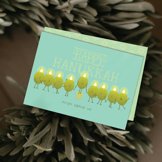 Hanukkah Menorah Olives | Blauwgroen Groene Groep Feestdagenkaart