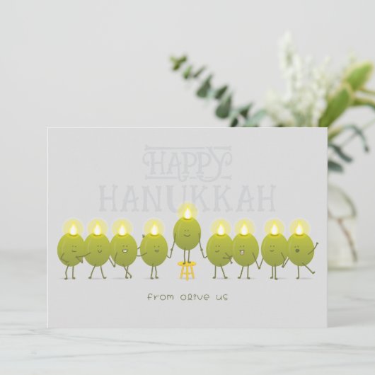 Hanukkah Menorah Olives | Grijze groep Feestdagenkaart (Staand voorkant)