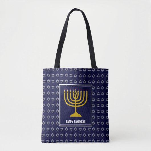 HANUKKAH Menorah Star David Personalized Navy Blue Tote Bag (Voorkant)