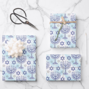 Hanukkah Menorah Ster van David Doodle Kunststijl Inpakpapier Vel